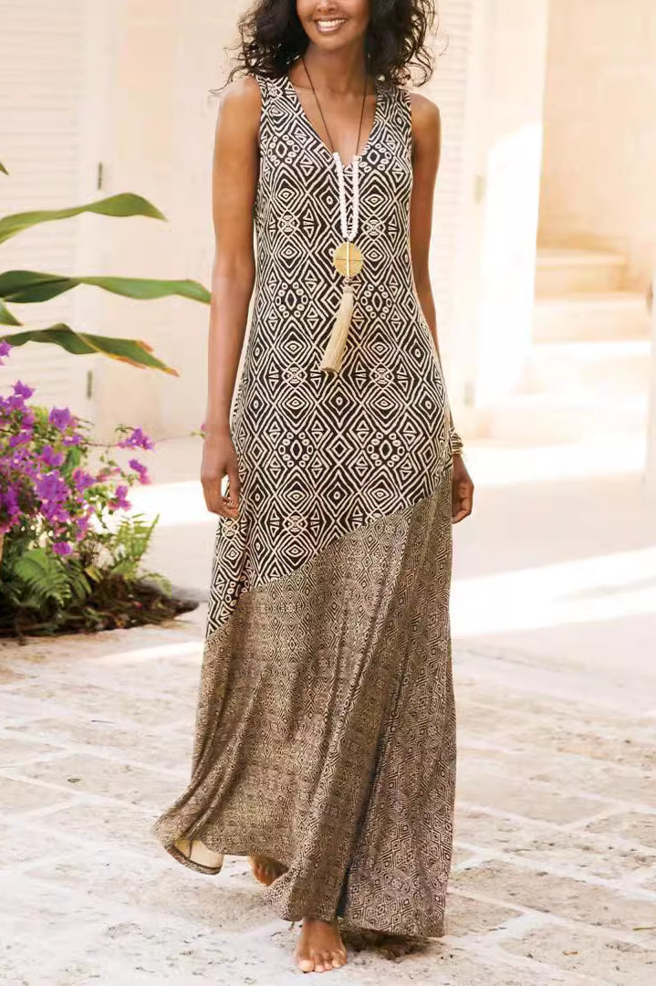 Vestido Boho Vintage Bohemio Estampado con Empalmes
