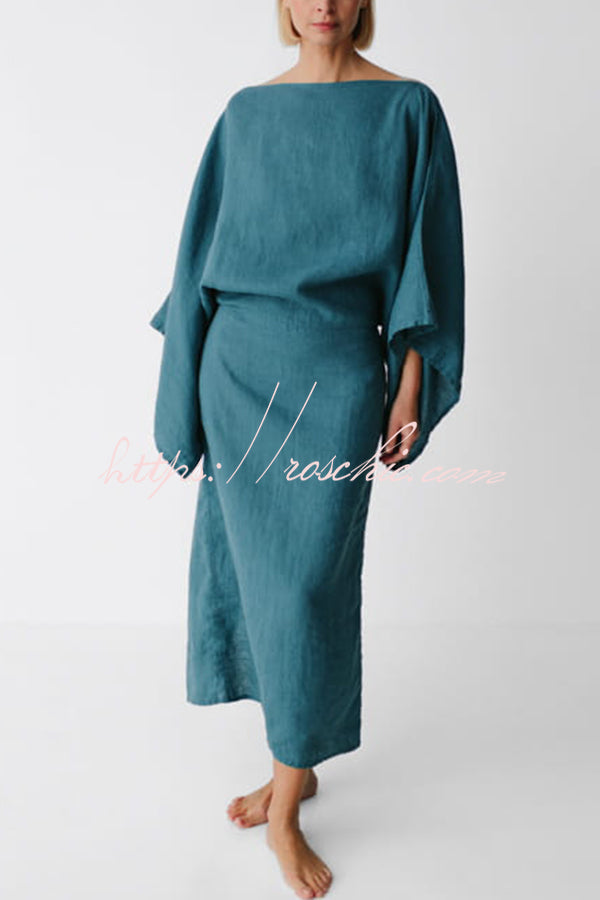 Stacie Linen Blend Wide Neck Batwing Sleeves Tie-up Waist H-line Maxi Dress