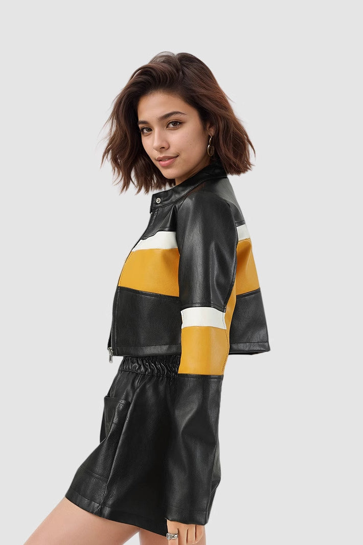 Chaqueta corta de PU colorblock