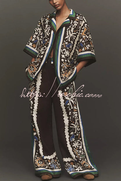 Antibes Satin Court Unique Printed Long Sleeve Loose Shirt and Elastic Waist Pants Set