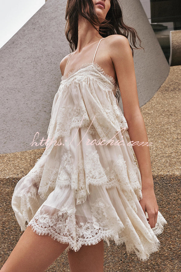 Ophelia Layered Lace Trim Tiers Adjustable Straps Backless A-line Mini Dress