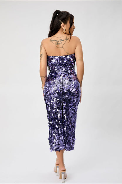 Strapless Backless Sequin Split  Party Sequin Dress