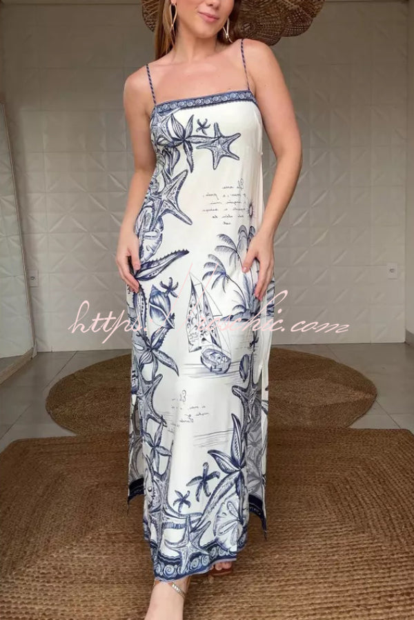 Starfish Print Sleeveless Square Neckline Back Tie-up Vacation Maxi Dress