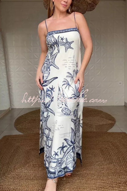 Starfish Print Sleeveless Square Neckline Back Tie-up Vacation Maxi Dress