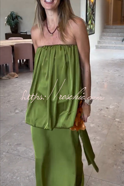 Simple Elegant Satin Voluminous Floral Detail Strapless Top and Elastic Waist Drape Maxi Skirt Set