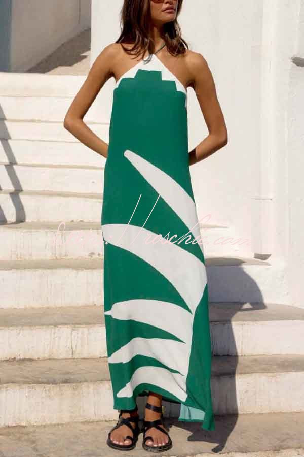 Stylish Color-blocked Print Halter Neck Backless Casual Vacation Maxi Dress