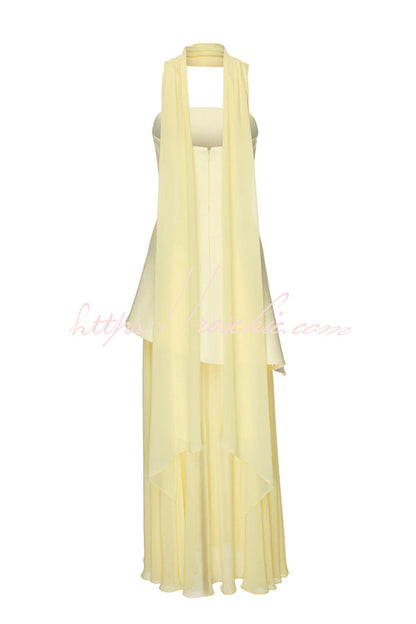 Monaco Off Shoulder Structured Top Chiffon Slit Hem Scarf Maxi Dress