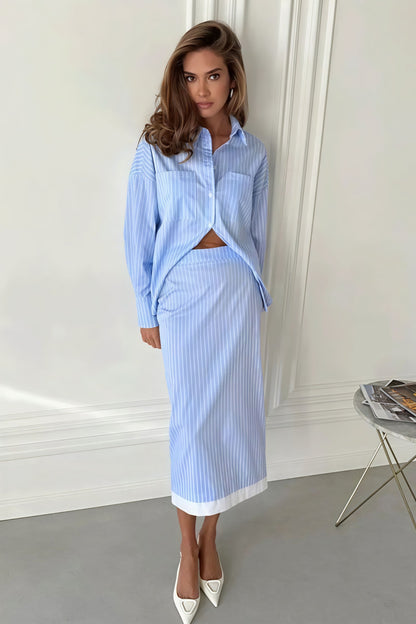 Striped Color Block Slit Long Sleeve Skirt Set