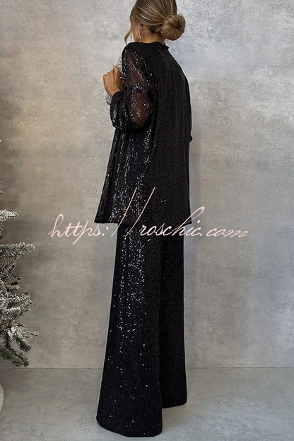 Party Scene Sequin High Rise Elastic Waist Wide Leg  Pants