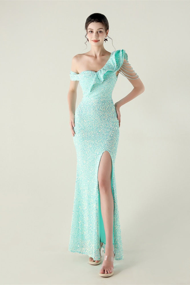 Vestido de fiesta formal con volante y un solo hombro drapeado