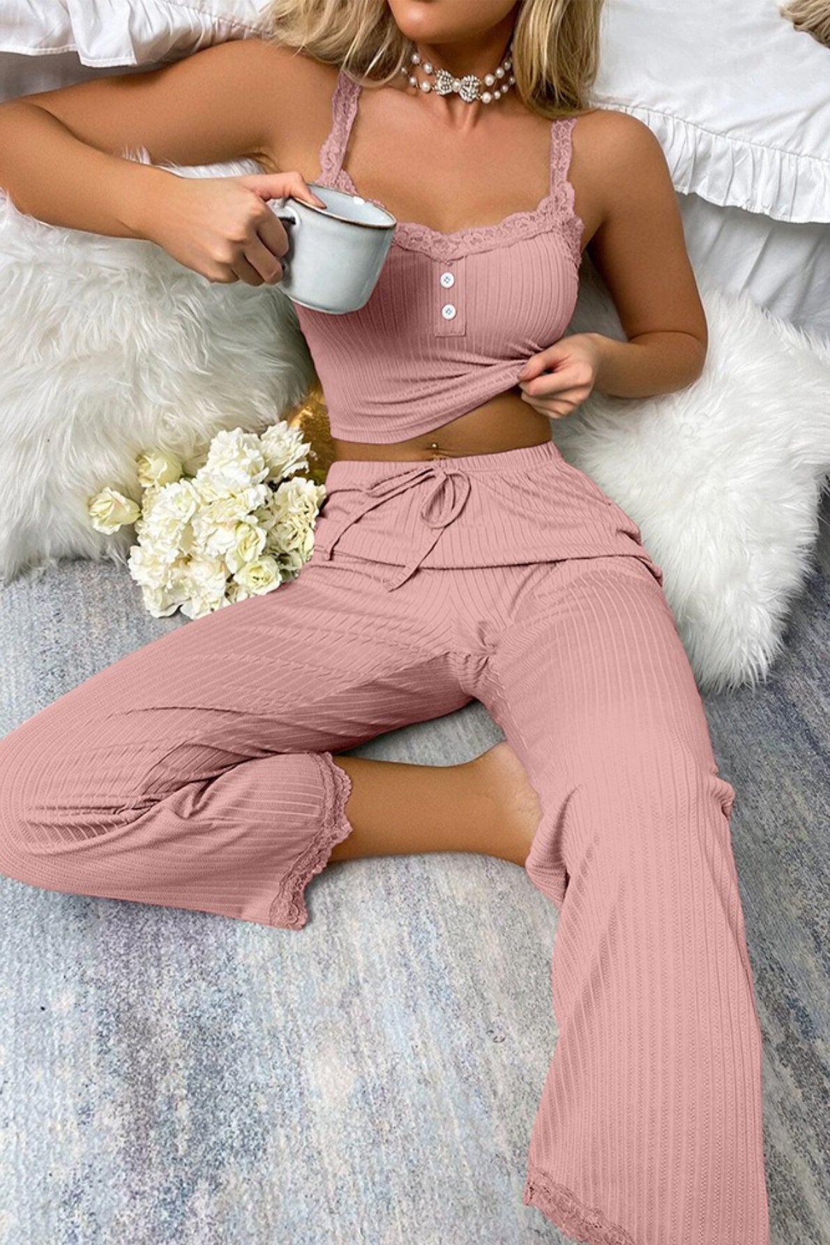 Lace Bralette Lounge Pants Pajama Sets
