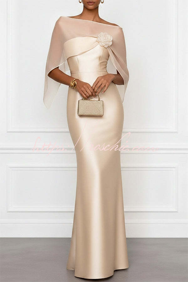 Lucero 3D Floral Satin Boat Neck Short Sleeve Sheath Capelet Gown Maxi Dress
