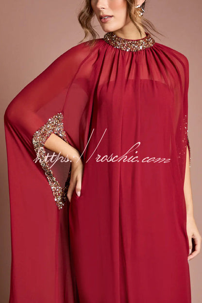 My Dearest Chiffon Sequin Trim High Neck Batwing Cutout Sleeve Cape Maxi Dress