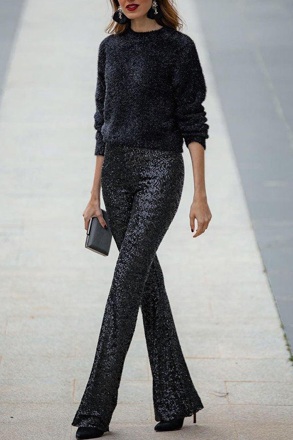 Diva Sequin High Rise Elastic Waist Flare Pants(Shipped Within 24 Hours)