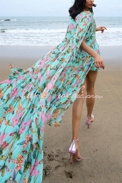 Garden Party Contrast Floral Print High Low Cape Maxi Dress