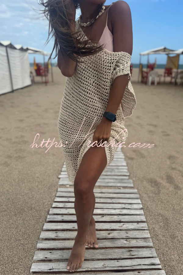 Fashionable Loose-fitting Openwork Sleeveless Casual Knitted Cover-up Mini Dress