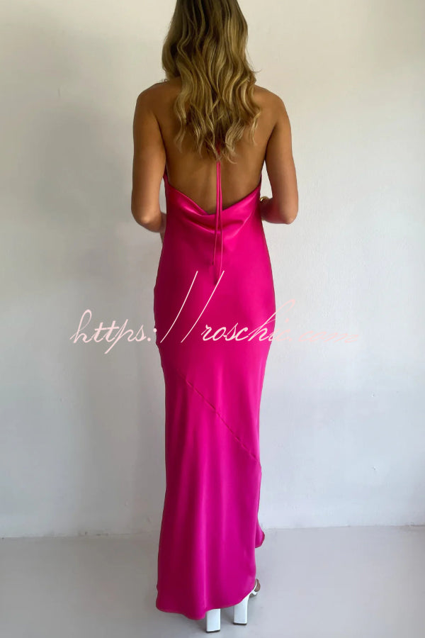 Solid Color Halter Neck Tie Backless Slim Fit Drape Maxi Dress