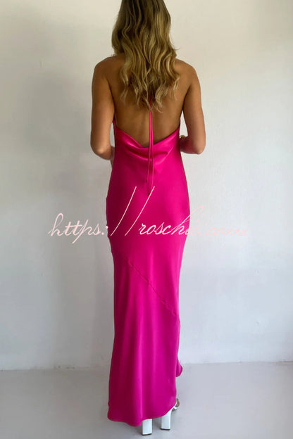 Solid Color Halter Neck Tie Backless Slim Fit Drape Maxi Dress