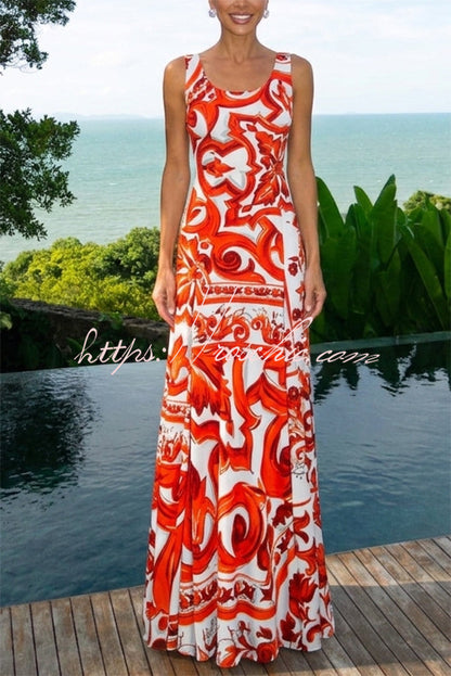 Arnell Contrast Color Artistic Floral Print Square Neck Pleated Hem Maxi Dress