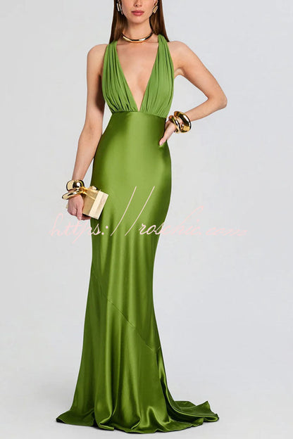 Fig Tulle Satin Patchwork Back Lace-up Drape Flare Maxi Dress