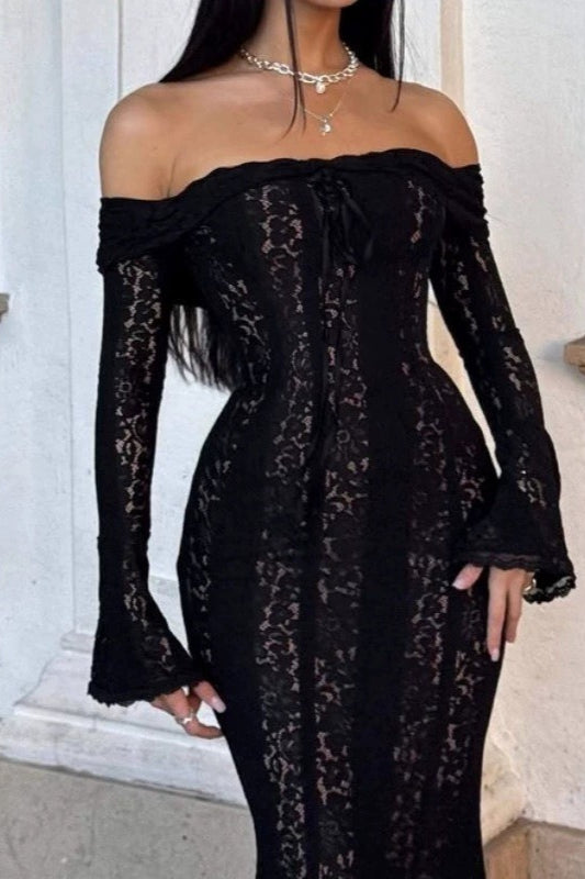 Lace Bell Sleeve Strapless Slim High Waist Formal Dress