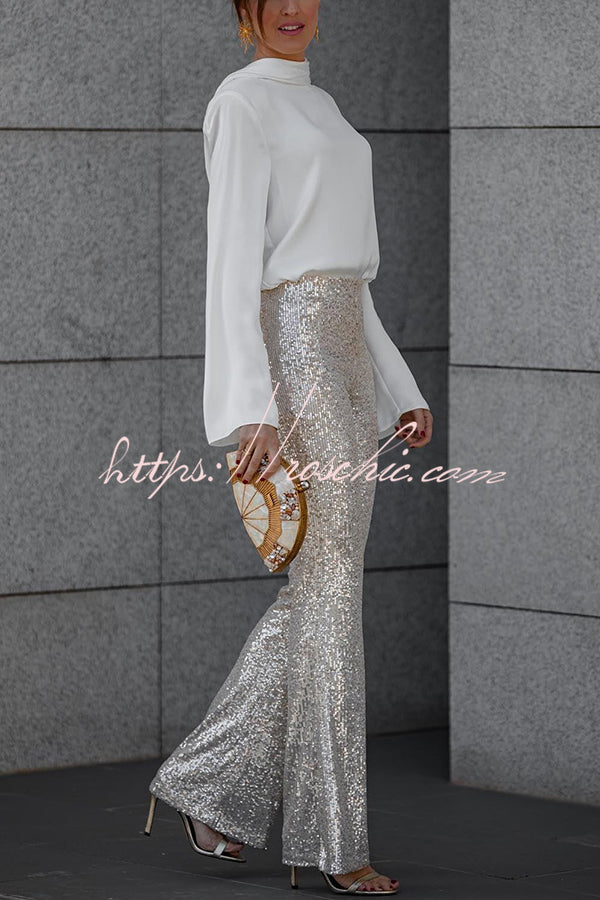 Diva Sequin High Rise Elastic Waist Flare Pants(Shipped Within 24 Hours)