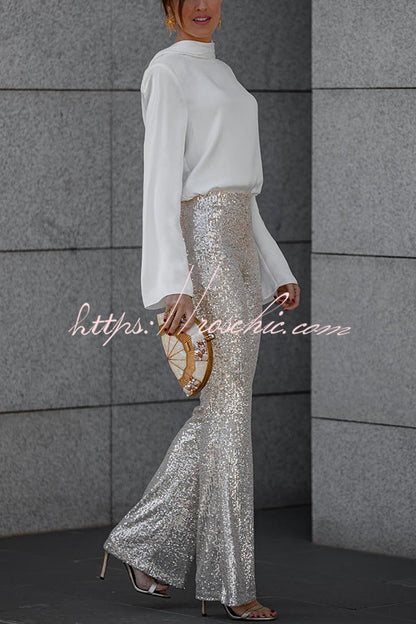 Diva Sequin High Rise Elastic Waist Flare Pants(Shipped Within 24 Hours)