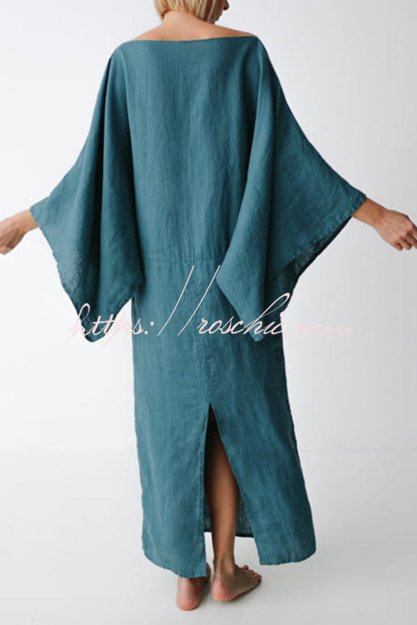 Stacie Linen Blend Wide Neck Batwing Sleeves Tie-up Waist H-line Maxi Dress