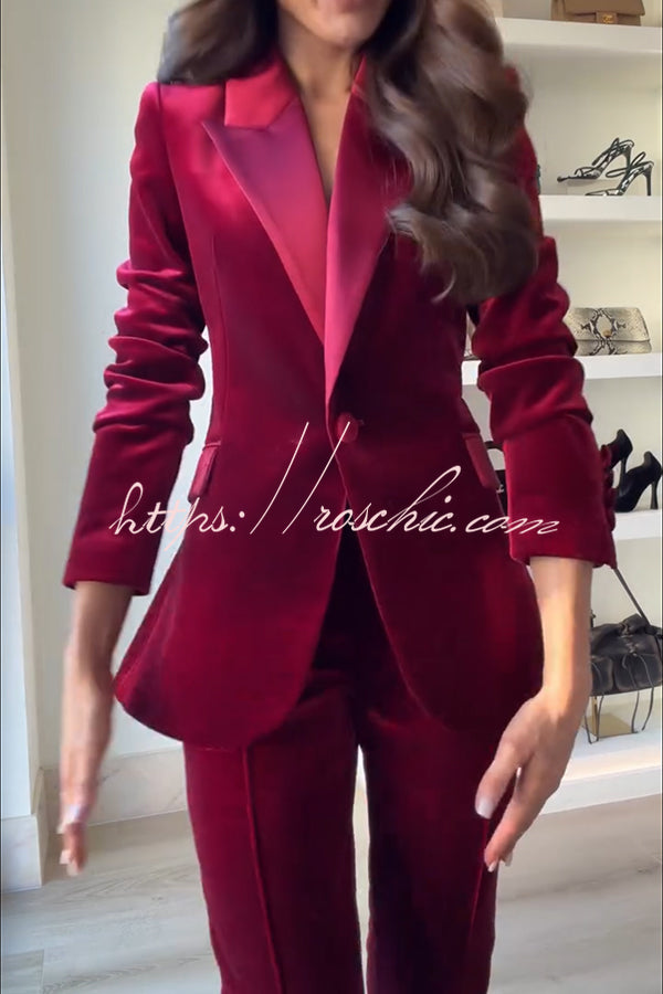 Delicate Daze Velvet Satin Lapel Button Up Long Sleeve Tapered Waist Blazer
