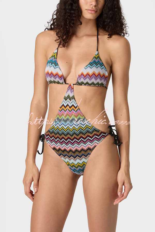 Luccia Colorful Zigzag Pattern Cutout Waist Tie-up Stretch One-piece Swimsuit