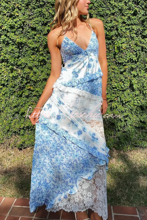 Fashionable Floral Print Lace Patchwork Hollow-out Slim Fit Vacation Ruffle Maxi Dress