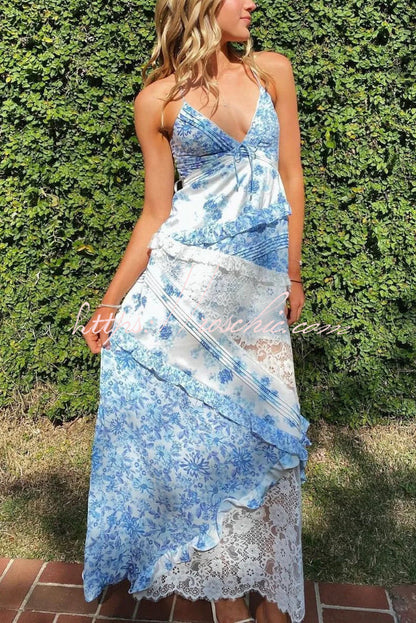 Fashionable Floral Print Lace Patchwork Hollow-out Slim Fit Vacation Ruffle Maxi Dress