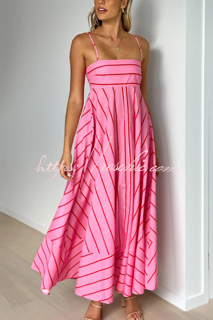 Striped Printed Spaghetti Strap Sleeveless Back Pleated Casual Maxi Dress