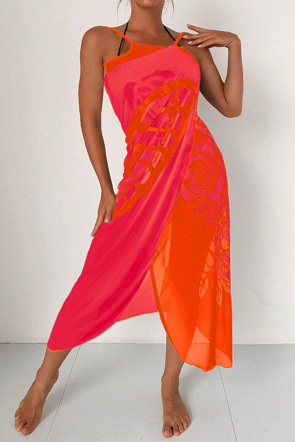 Fashionable Color-blocked Butterfly Print Resort Cover-up Midi Dress