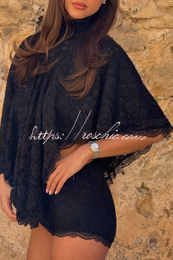 Stylish Openwork Lace Loose Top and Side Zipper Slim-fit Shorts Set