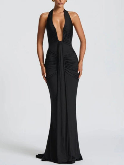 Solid Color Halter Neck V-Neck Backless Fishtail Party Dress
