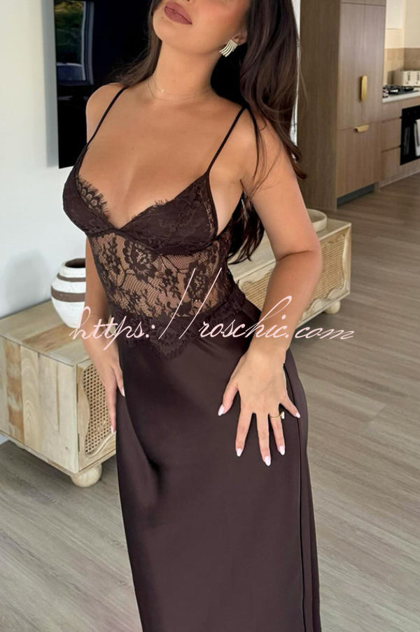 Fashionable Satin Lace Patchwork Sheer V-neck Elegant Slim-fit Maxi Dress