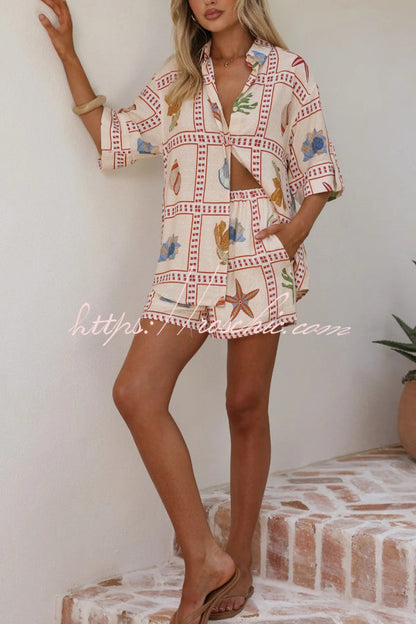 Linen Blend Shell Print Loose Short-sleeved Shirt and Elastic Waist Pocket Casual Shorts Set