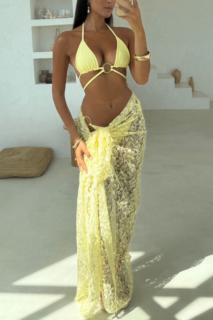 Solid Color Halter Neck Tie Stretch Two-piece Bikini Swimsuit and Sheer Lace Holiday Maxi Skirt Set