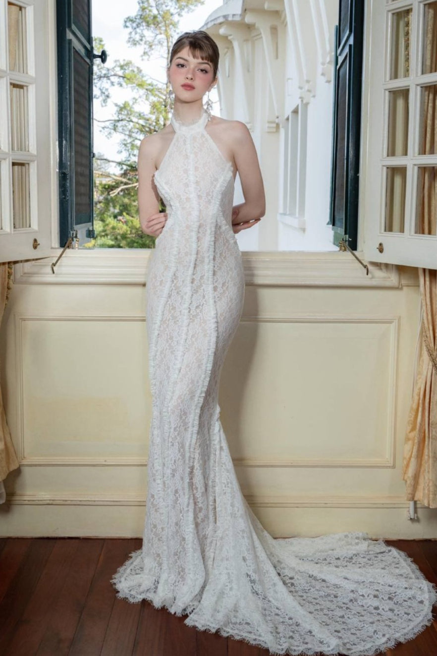Vestido de Recepción con Cola de Sirena, Hombros Descubiertos y Encaje Vintage