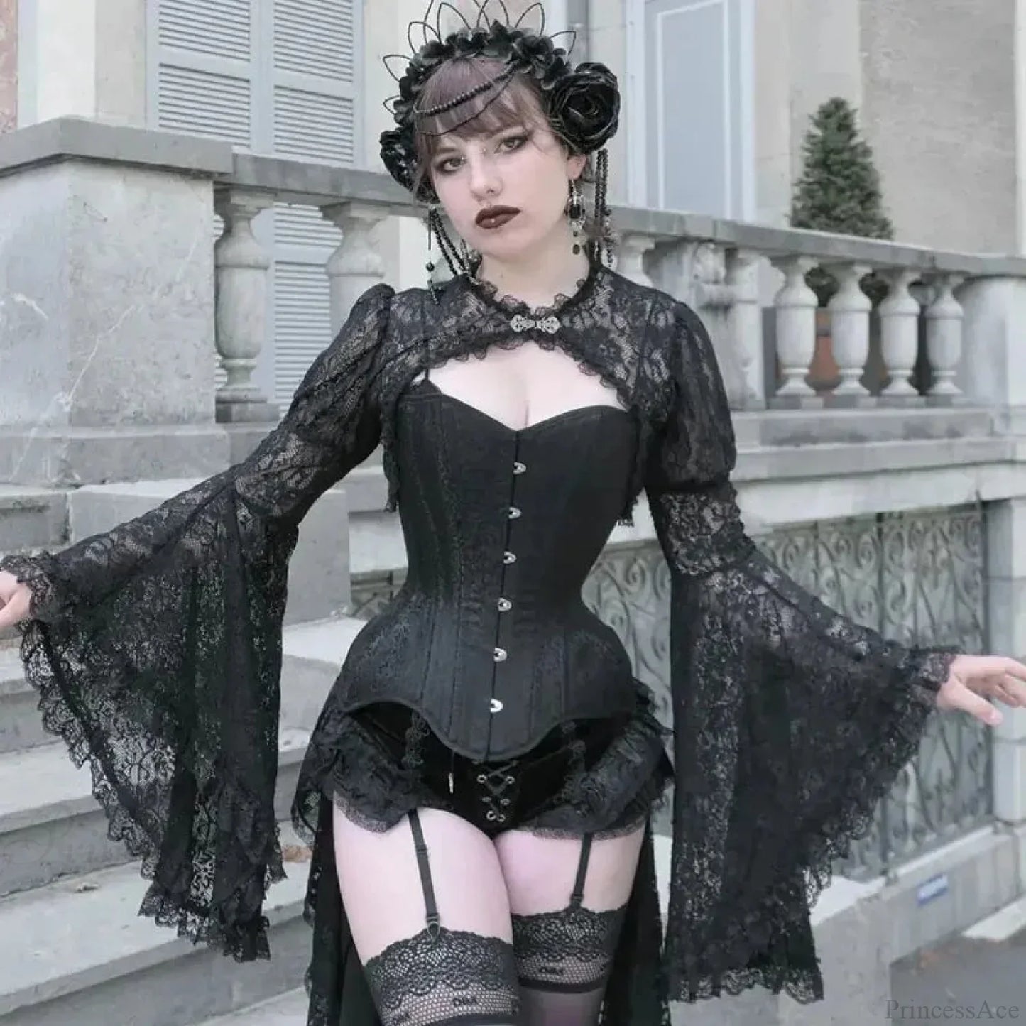 Dark Flared Sleeve Silk Blouse