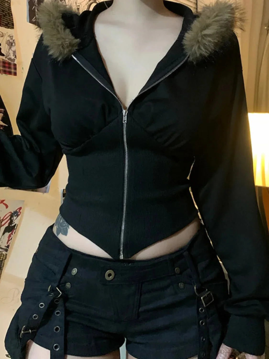 Dark Futuristic Furry Hem Hoodie
