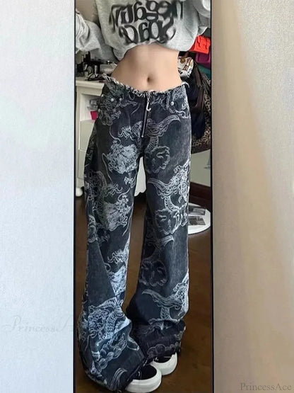 Dark Medieval Dragon Print Loose Trousers