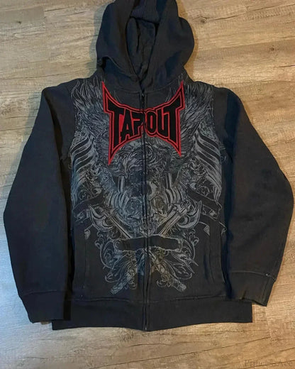 Dark Vintage Letter Print Zip Hoodie