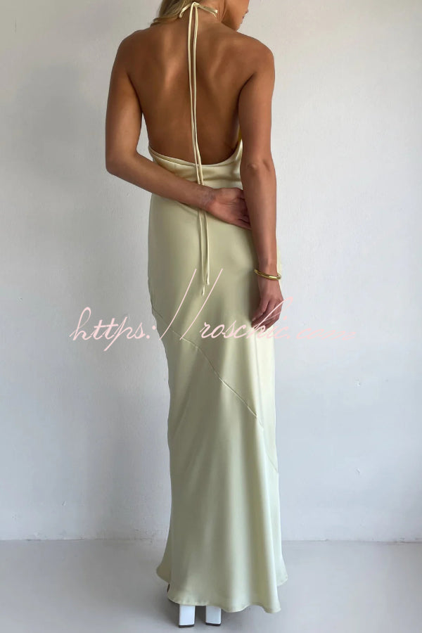 Solid Color Halter Neck Tie Backless Slim Fit Drape Maxi Dress