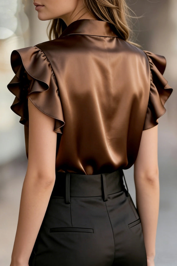 Solid Color Satin Collar Ruffle Short-sleeved Casual Shirt