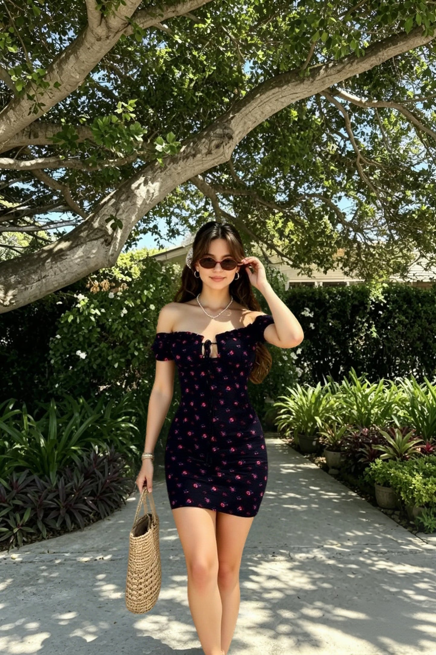DressBetty - Floral Wrap Off Shoulder Tie Up Front Ruffle Slash Neck Dress
