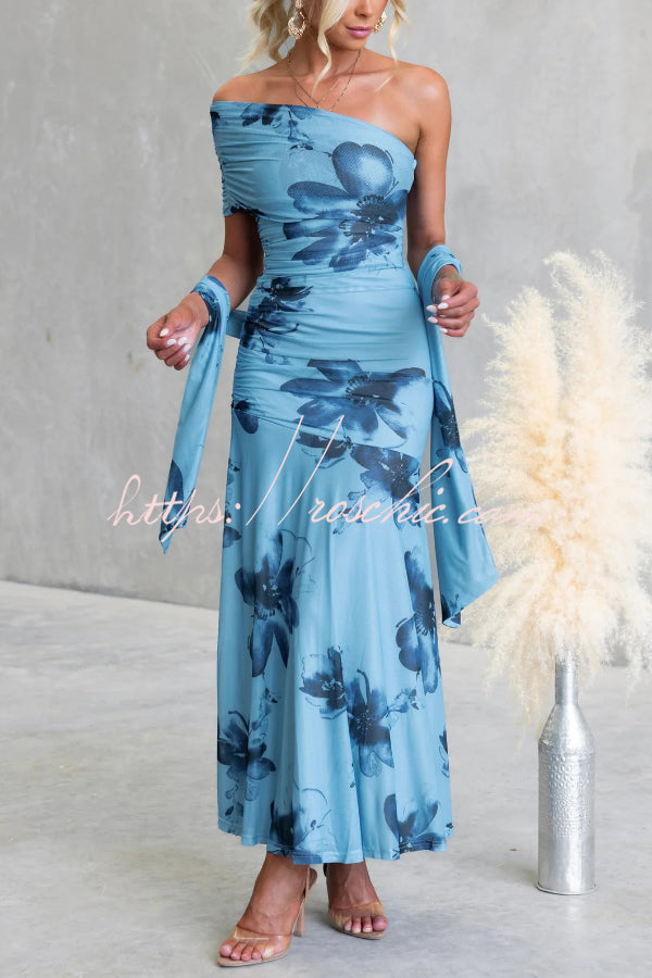Floral Print Elegant Mesh Off-shoulder Fitted Maxi Dress