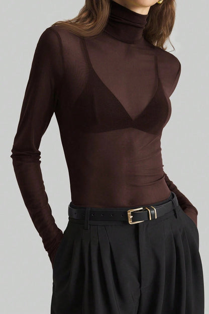 Camiseta de manga larga ajustada de malla lisa con cuello alto