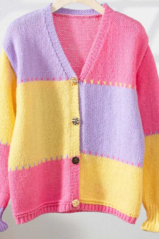 Cárdigan de punto con bloques de color y cuello en V